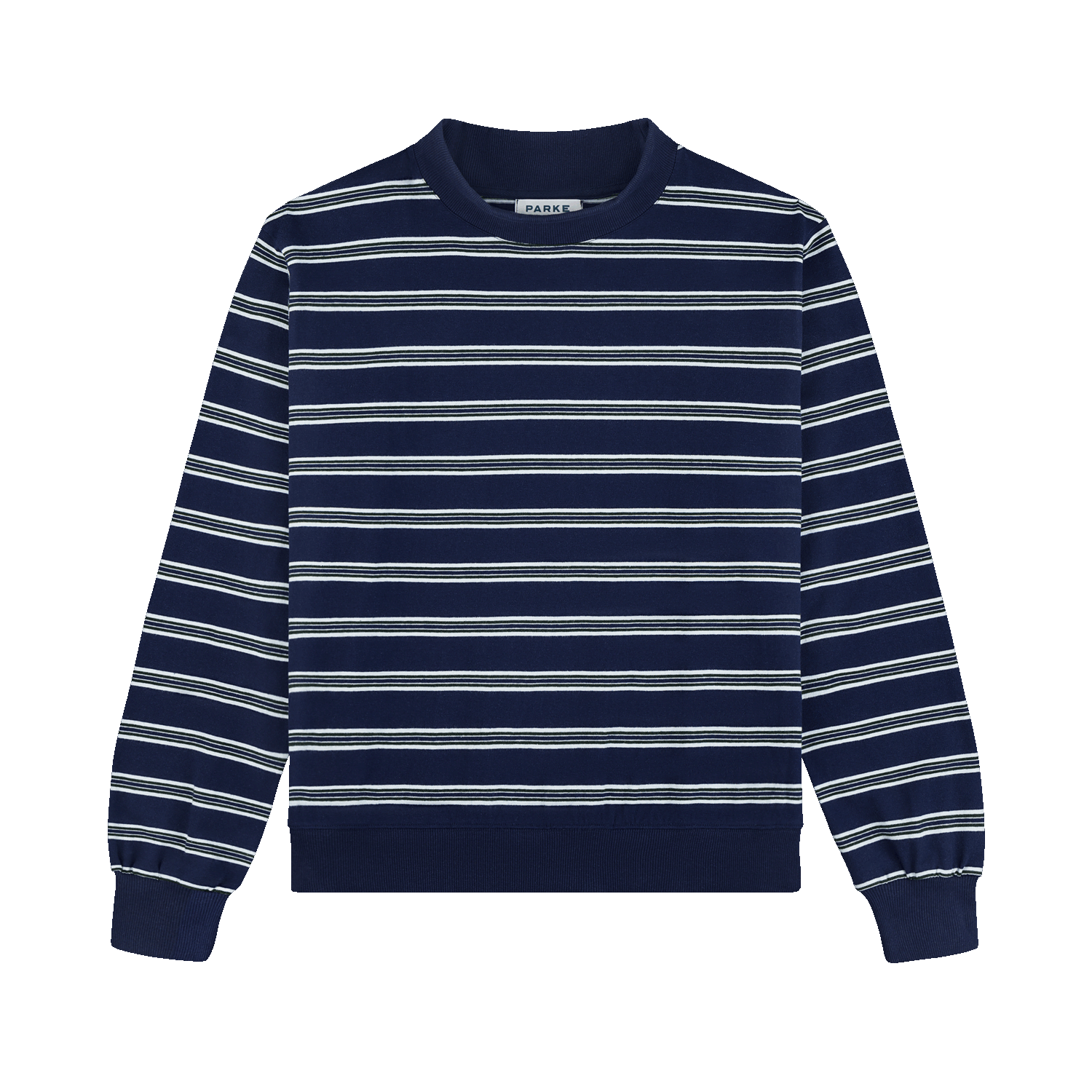 girl wearing Holiday Striped Pullover -snowflake stripe