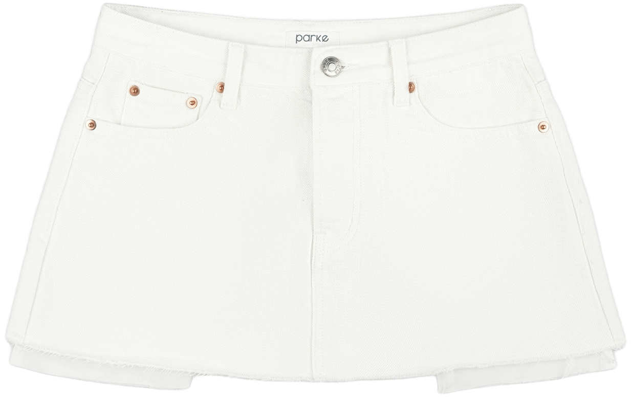 denim mini skirt flat lay -white