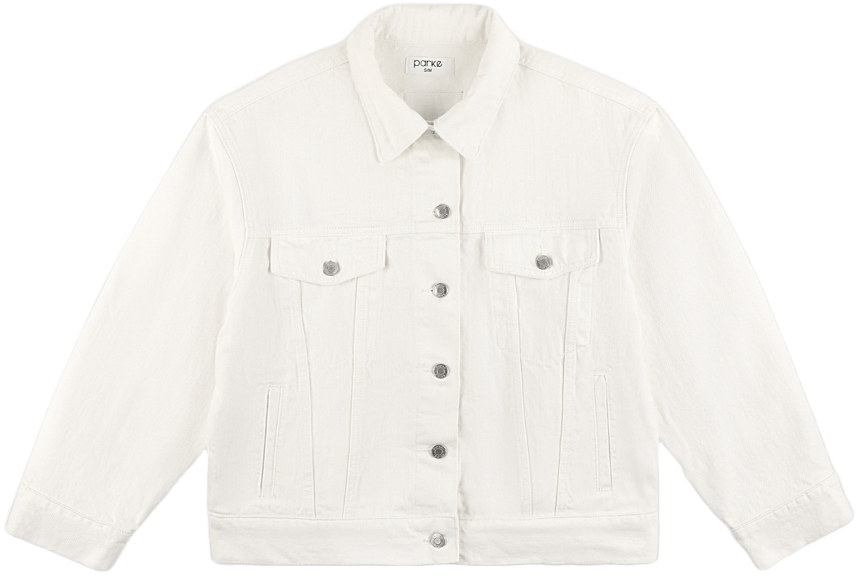 white oversized jean jacket flat lay -white