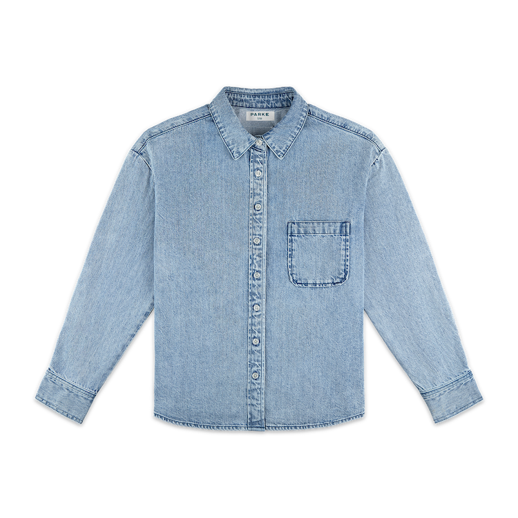 long sleeve denim shirt flat lay -vintage wash