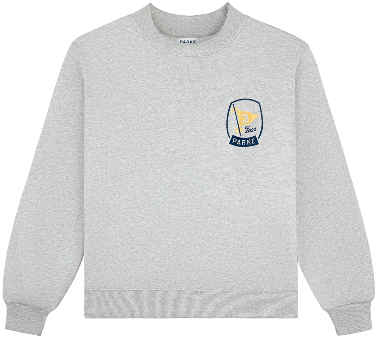 embroidered birthday mockneck -classic grey
