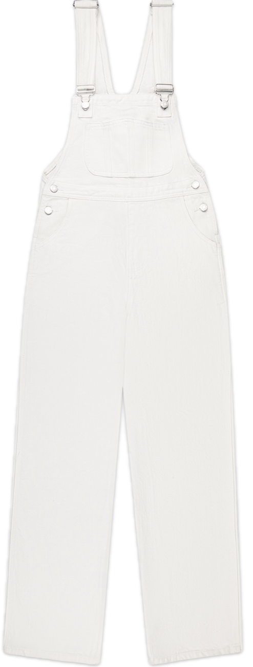 denim overalls flat lay -white