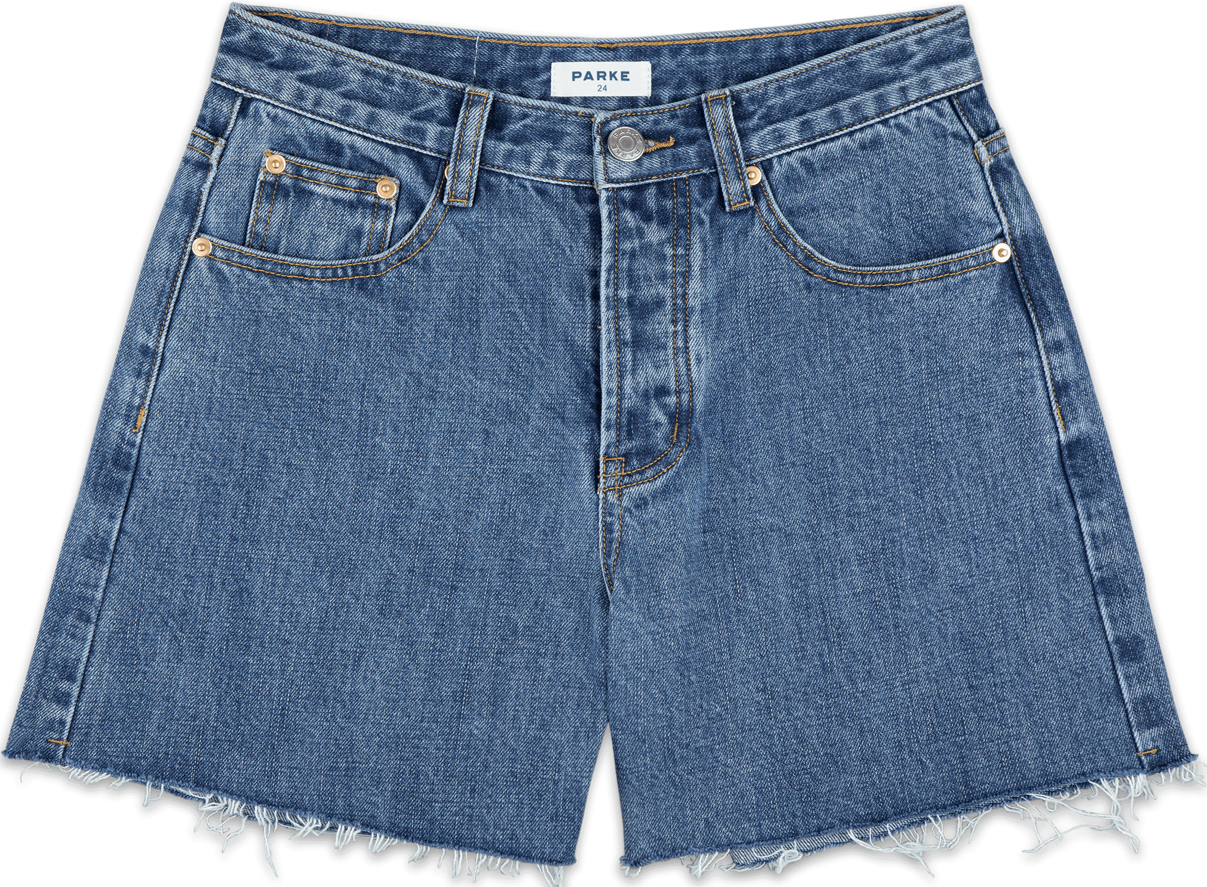 long baggy shorts flat lay -medium wash