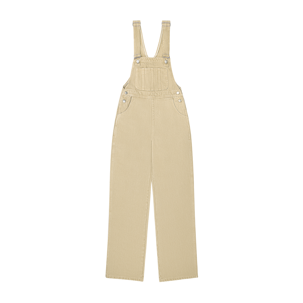 denim overalls flat lay -camel
