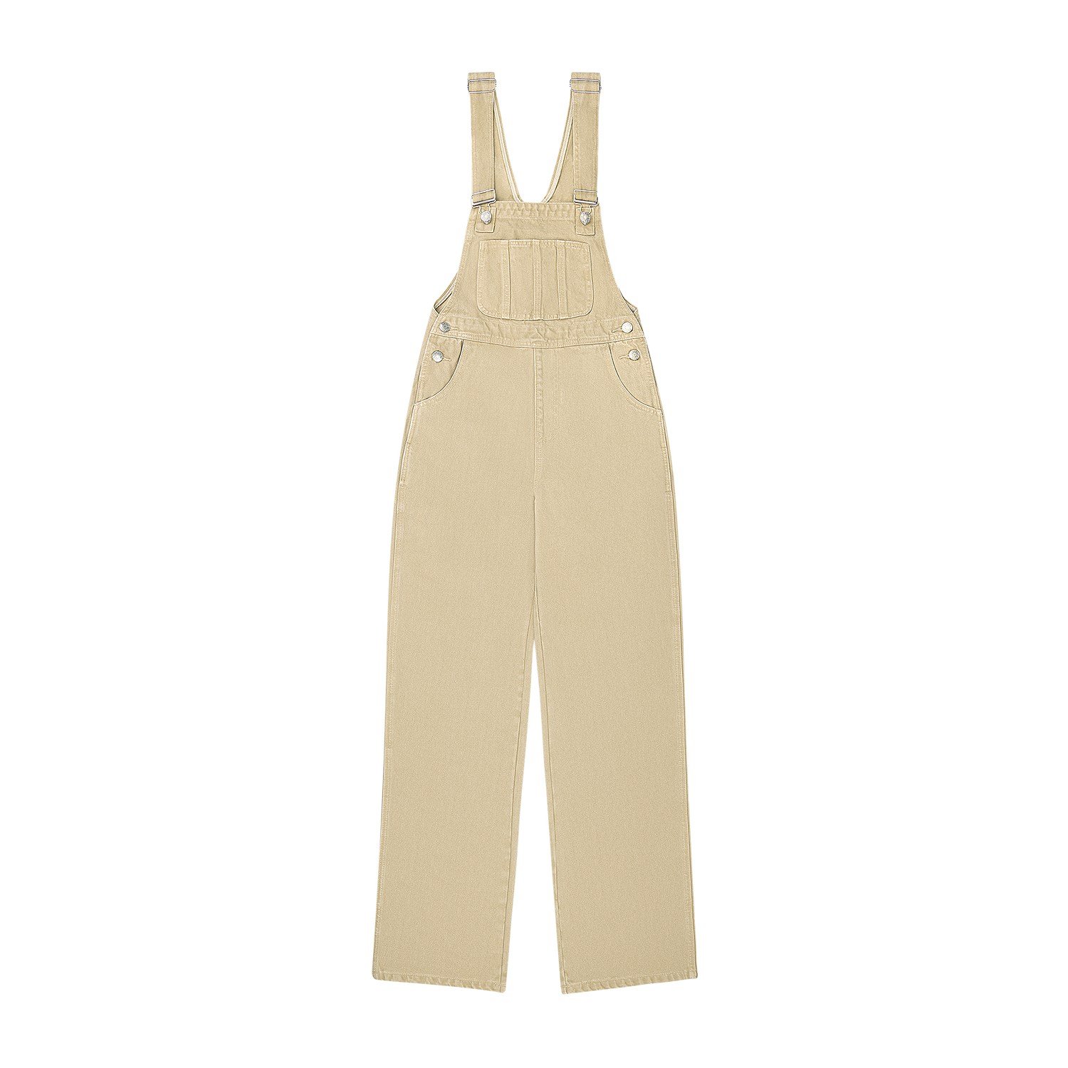 denim overalls flat lay -camel