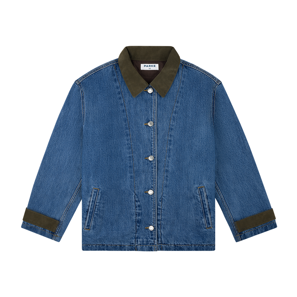 denim barn jacket -med wash + brown suede collar