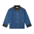 denim barn jacket -med wash + brown suede collar