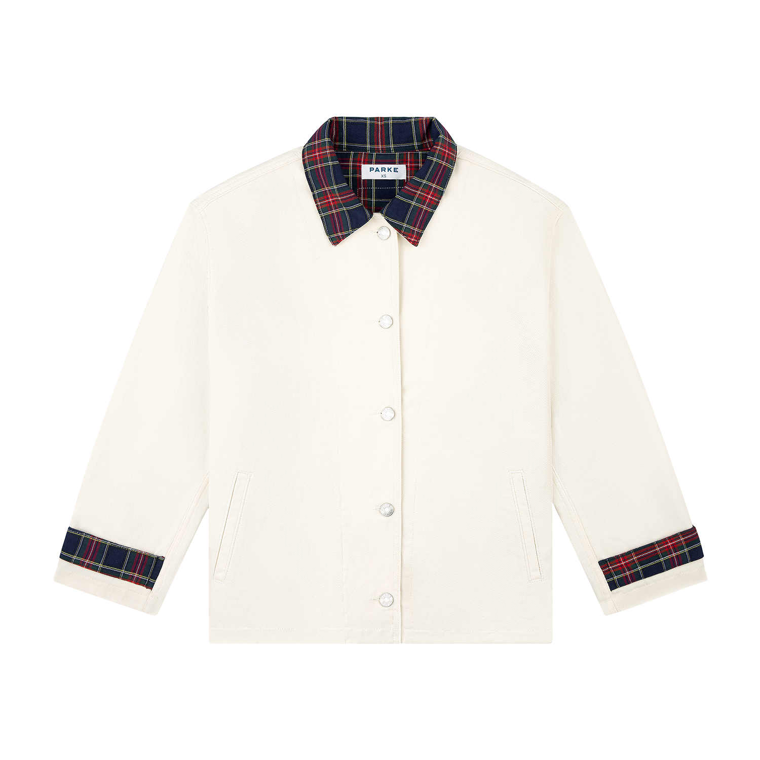 denim barn jacket -cream + plaid collar